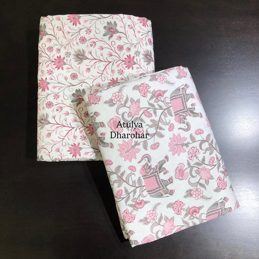 Pink and Grey Elephant Floral Jaal Cambric Cotton Single Dohar Pair