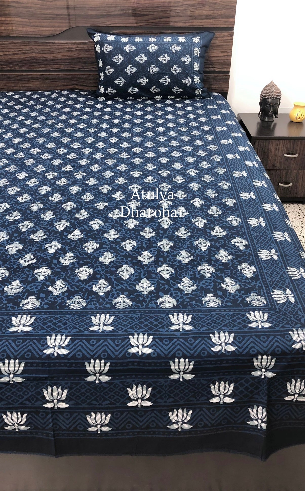 Indigo Lotus Motifs Cotton Super King Bedsheet