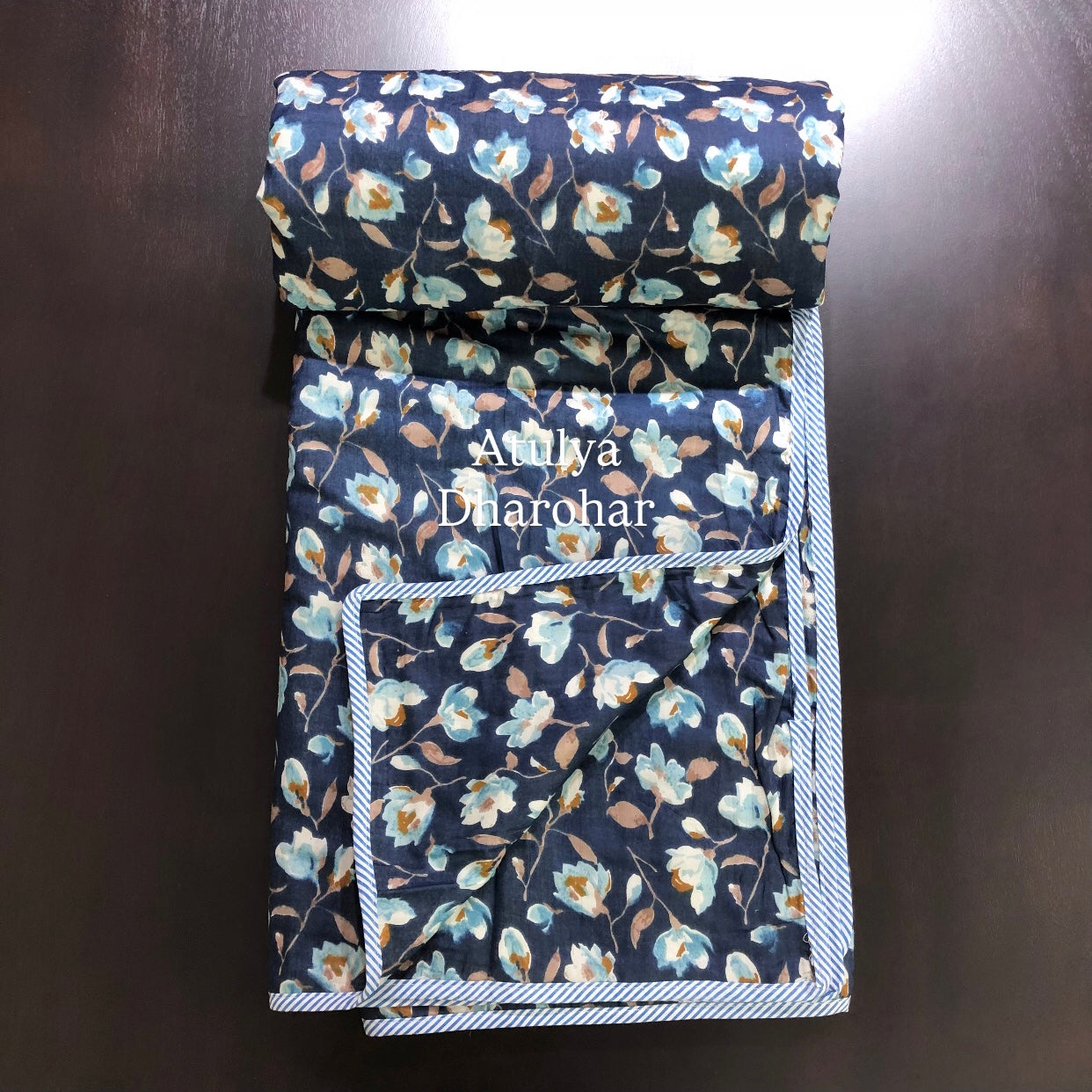 Blue Floral Mulmul Double Bed Dohar