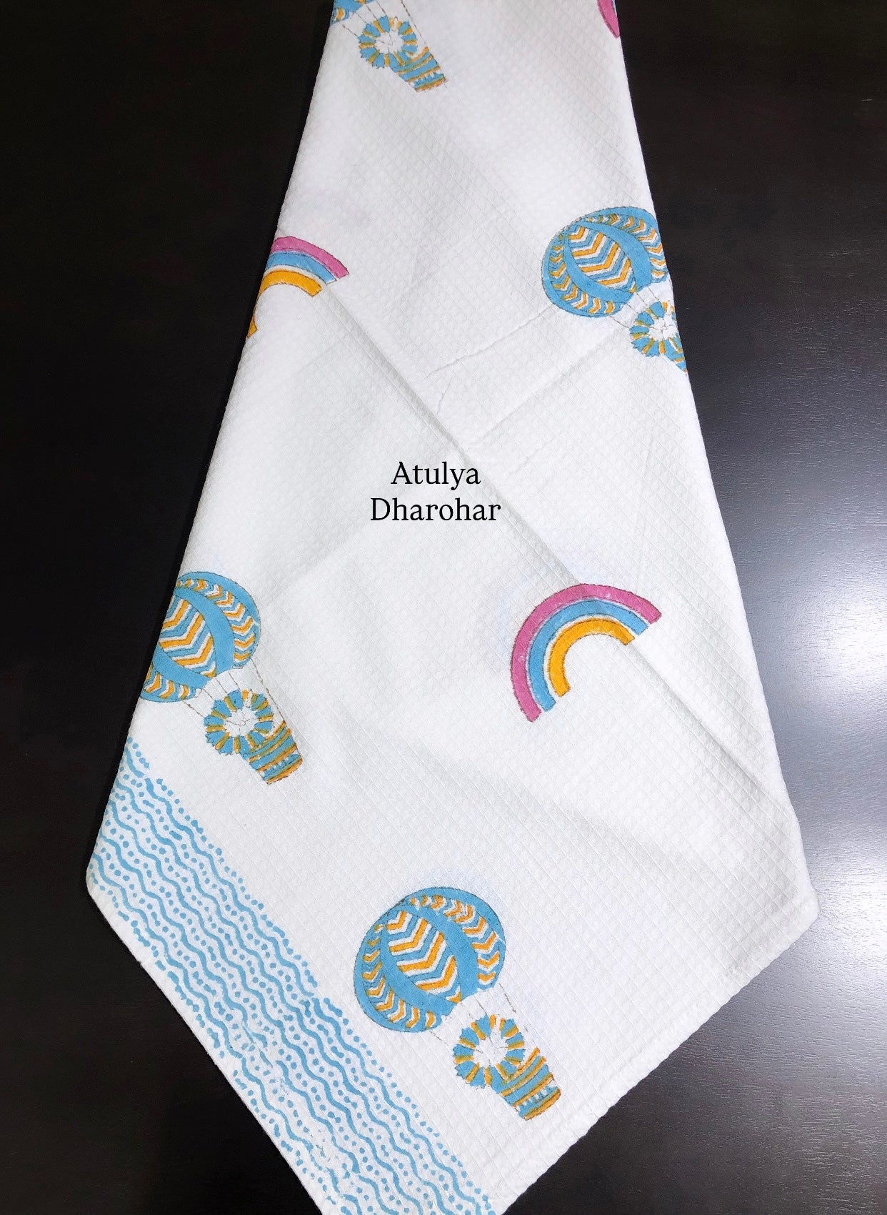 Hot Air Balloon with Rainbow Hand Block Printed Waffle Cotton Kids Towel