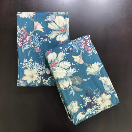 Turquoise Blue Floral Mulmul Single Dohar Pair