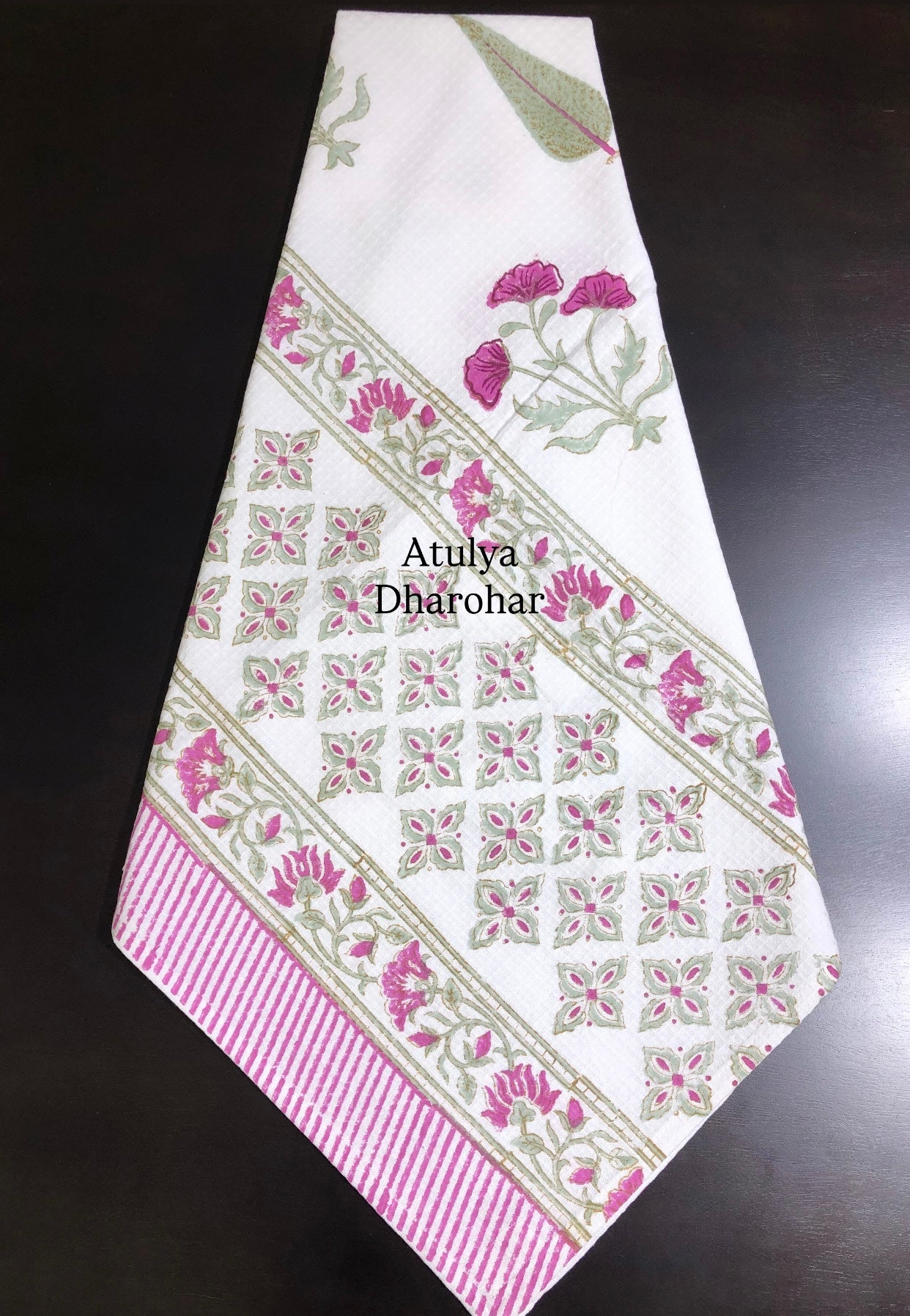 Magenta Pink Floral Motifs Hand Block Printed Waffle Cotton Towel