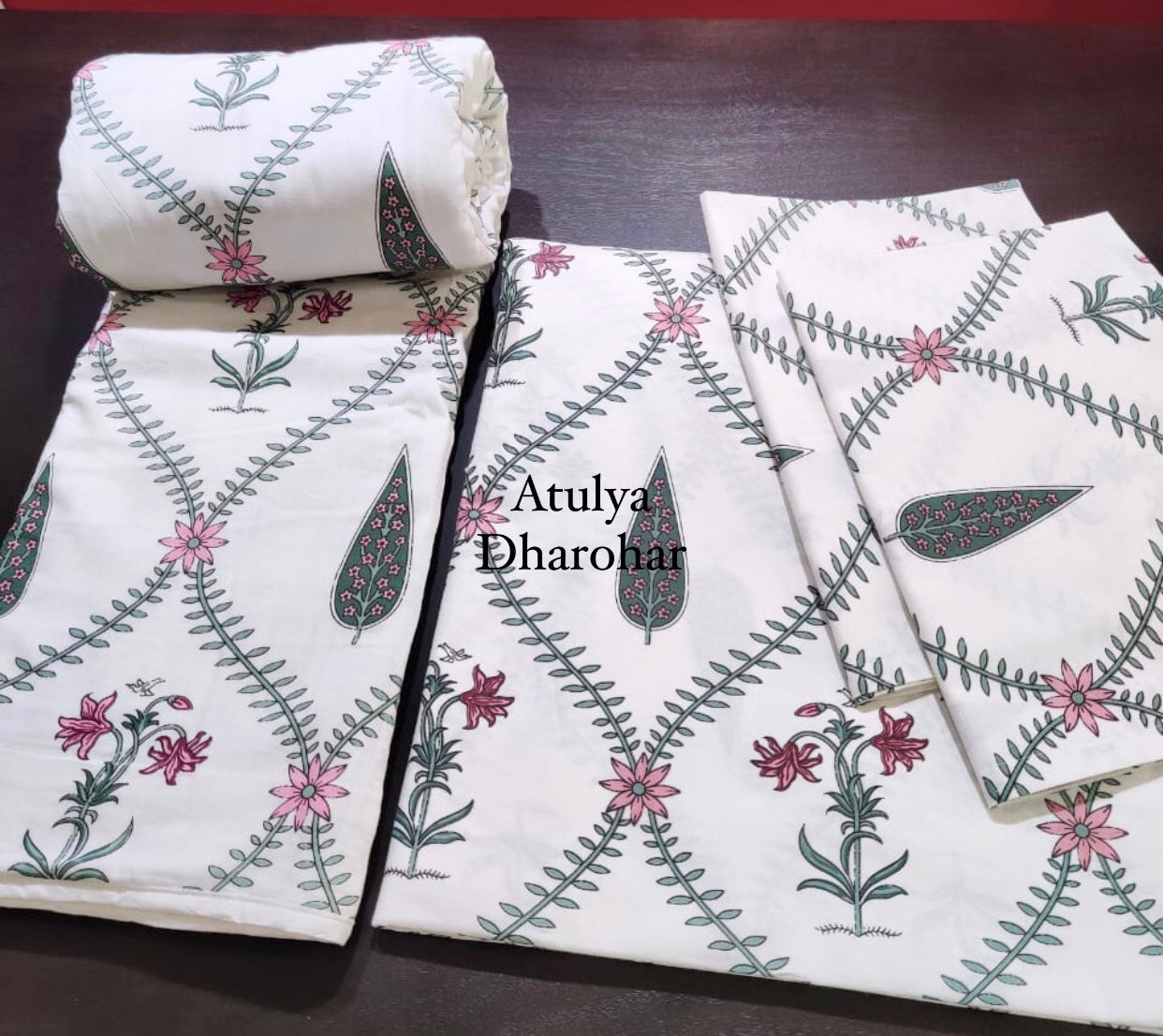 Pink and Grey Mughal Jaal Mulmul Double Bed Dohar with Super King Bedsheet Set