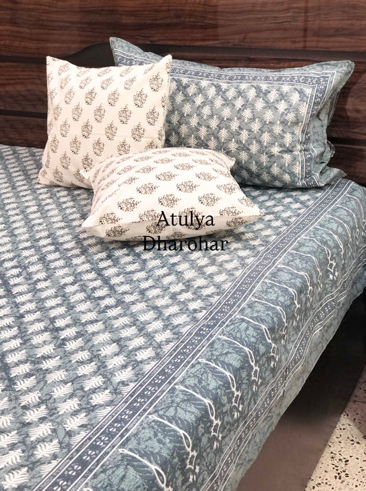 Grey Floral Motifs Cotton Super King Bedsheet