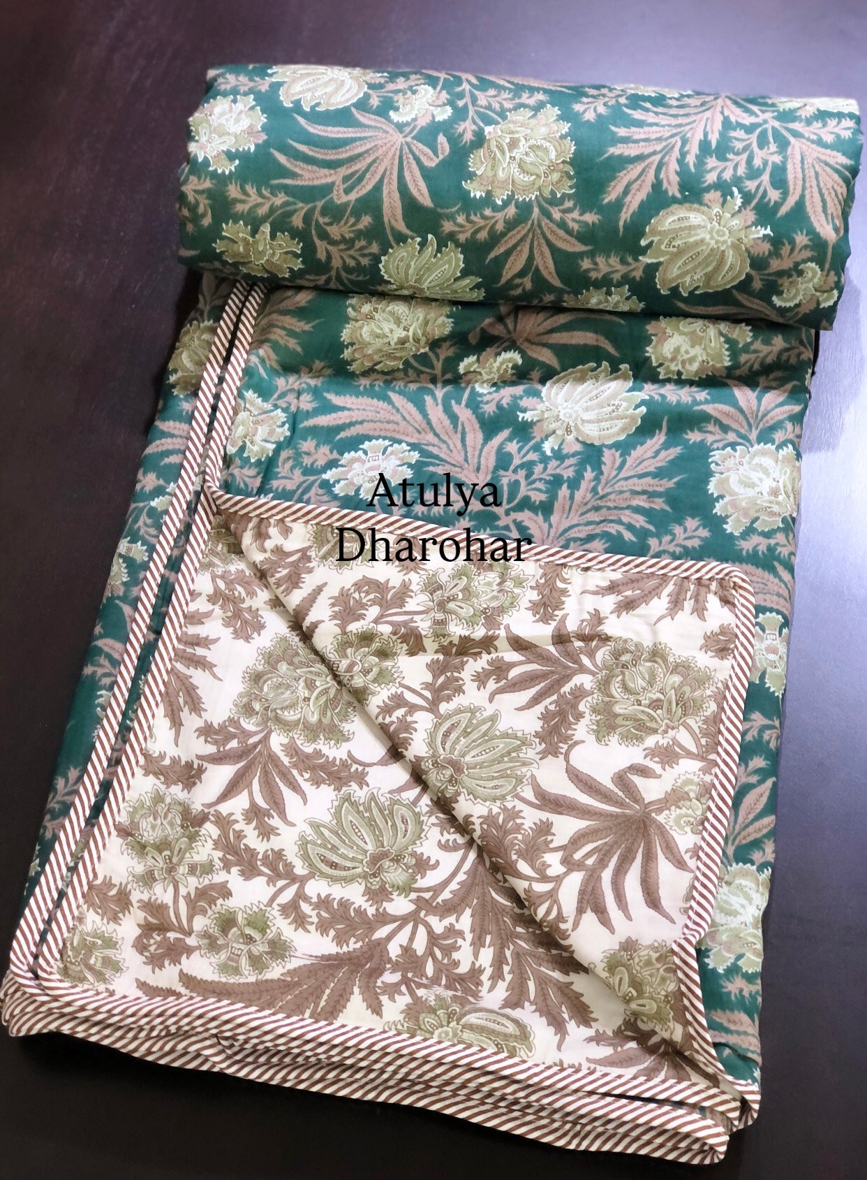 Green and Brown Floral Mulmul Double Bed Dohar