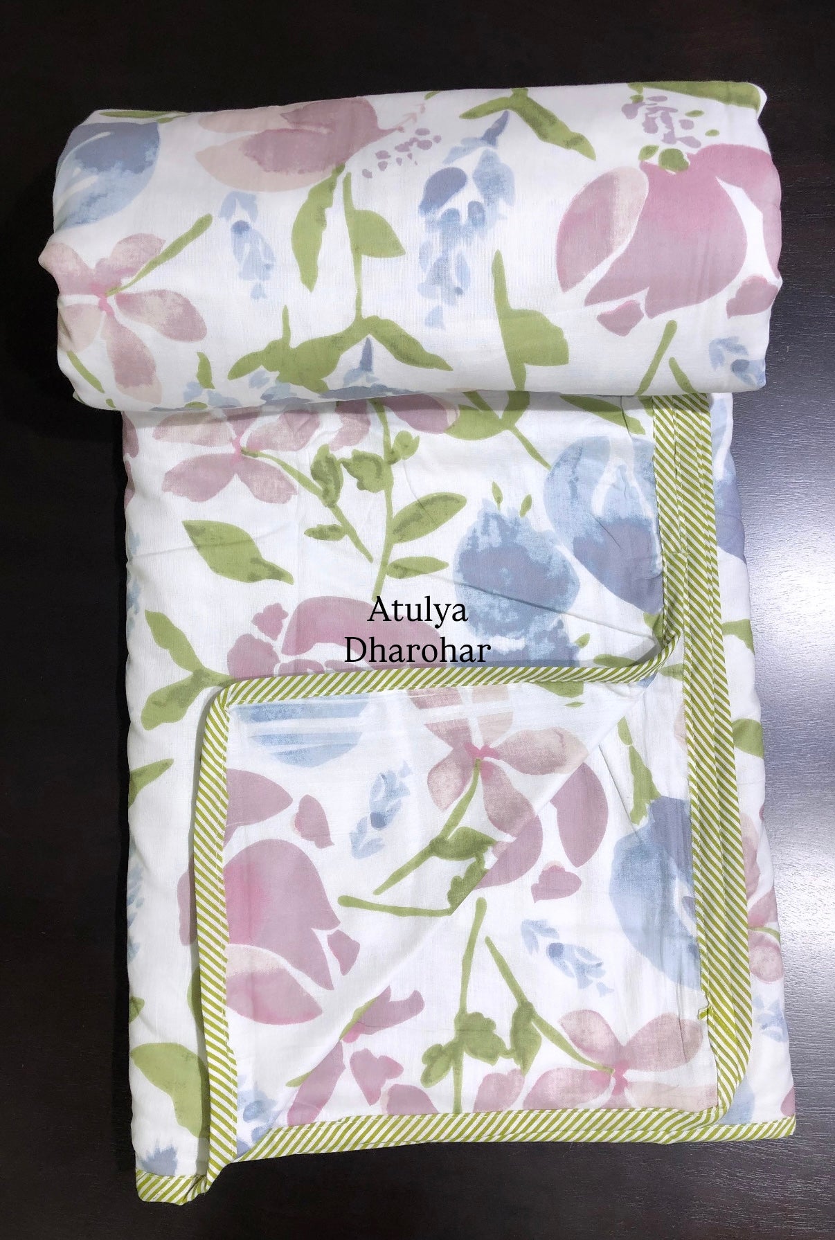 Pink and Blue Floral Mulmul Double Bed Dohar