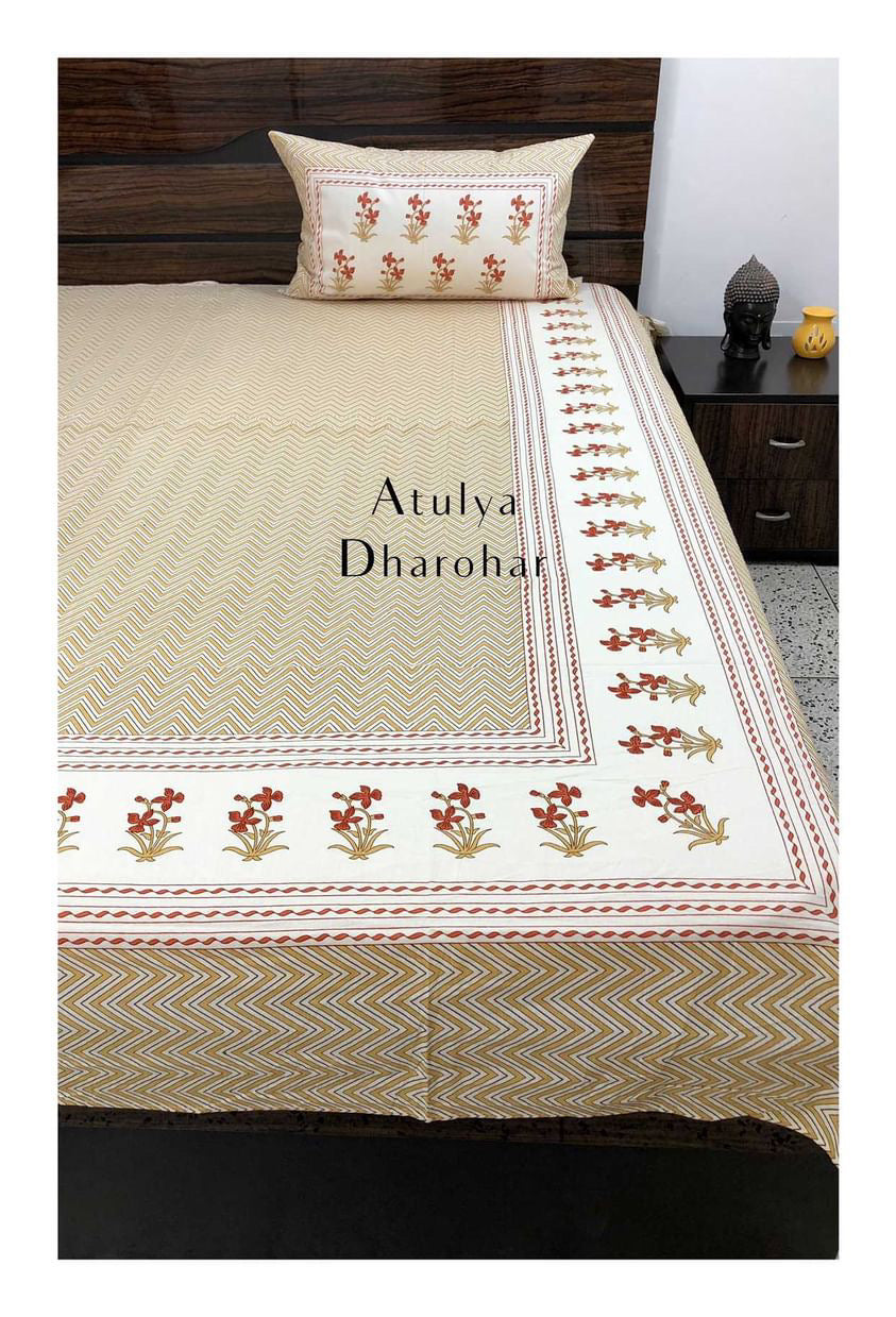 Mustard Zigzag with Floral Motifs Bedsheet
