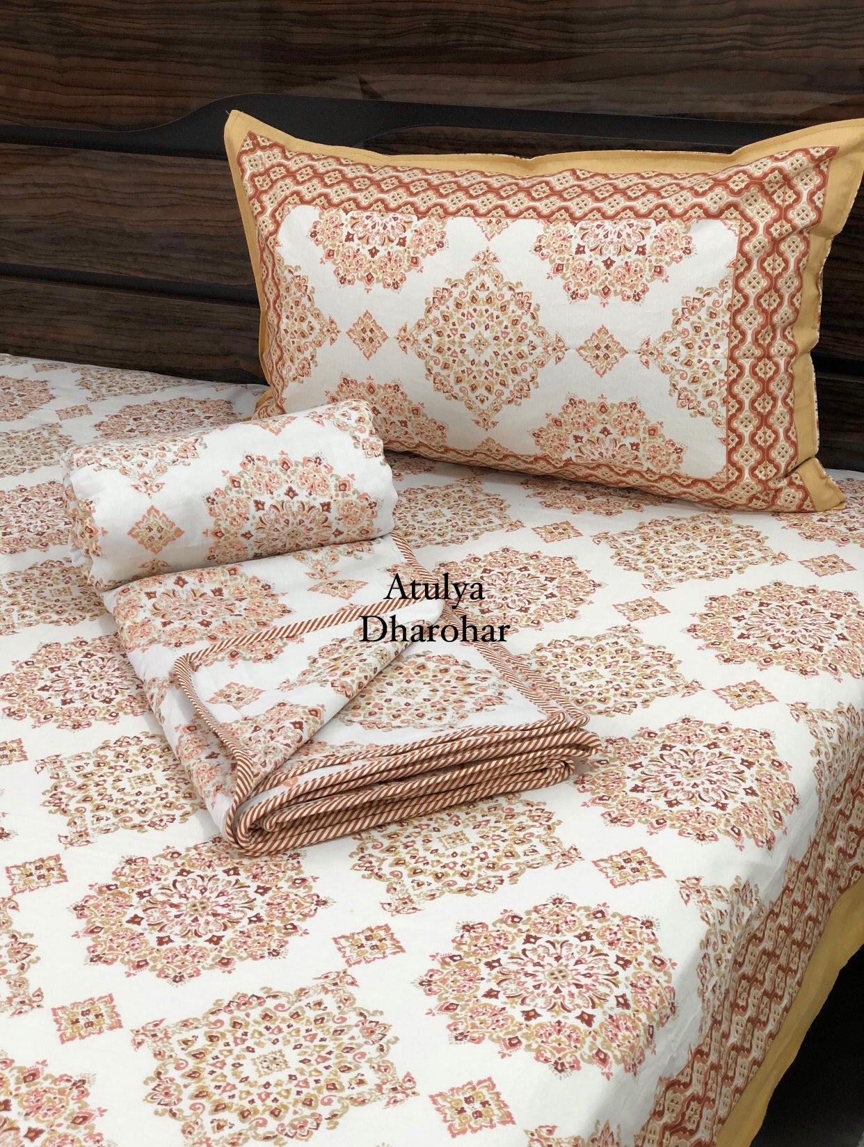 Orange Mandala Mulmul Double Bed Dohar with Super King Bedsheet Set