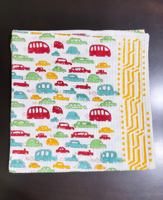 Multicolour Car Hand Block Printed Waffle Cotton Kids Towel