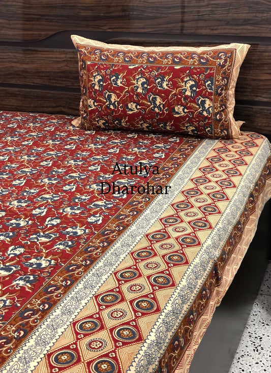 Maroon and Blue Cotton Kalamkari King Size Bedsheet
