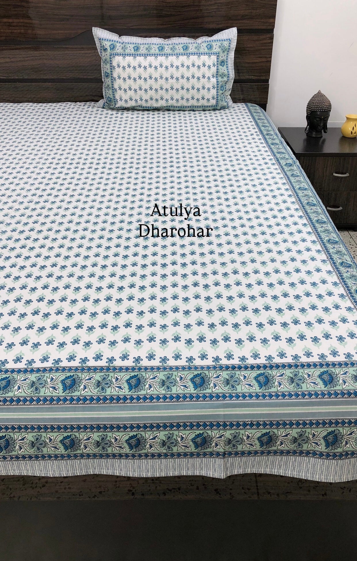 Blue and Green Floral Motifs Cotton King Size Bedsheet