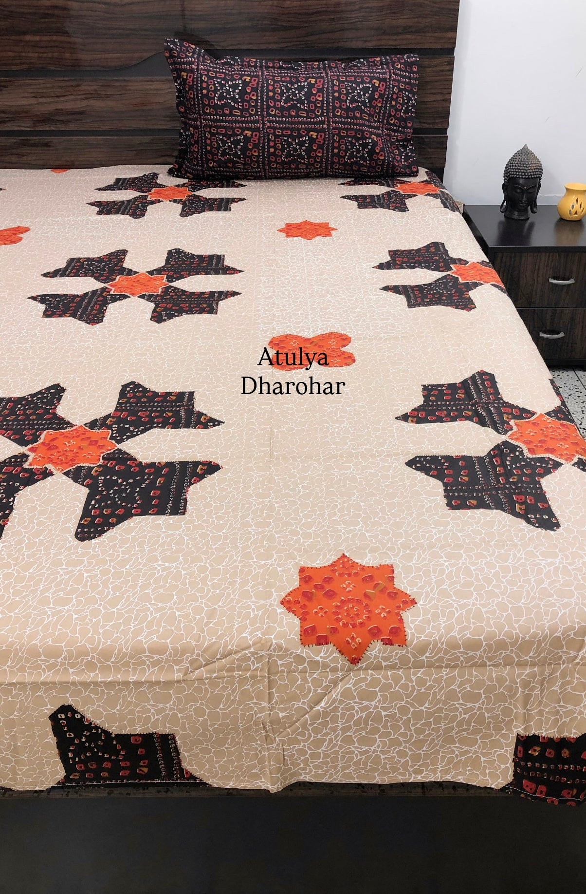 Black and Orange Bandhani Cotton Super King Bedsheet