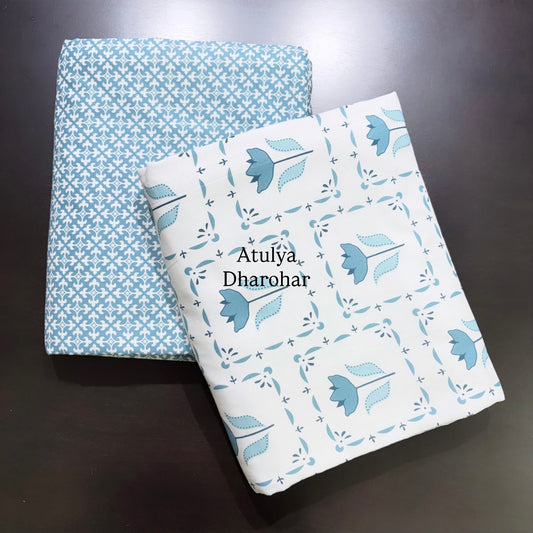 Blue Lotus Motifs Cambric Cotton Single Dohar Pair