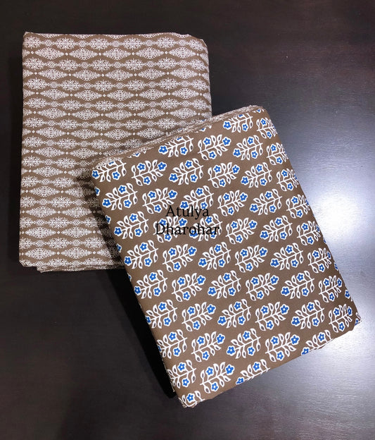 Brown and Blue Floral Motifs Cambric Cotton Single Dohar Pair