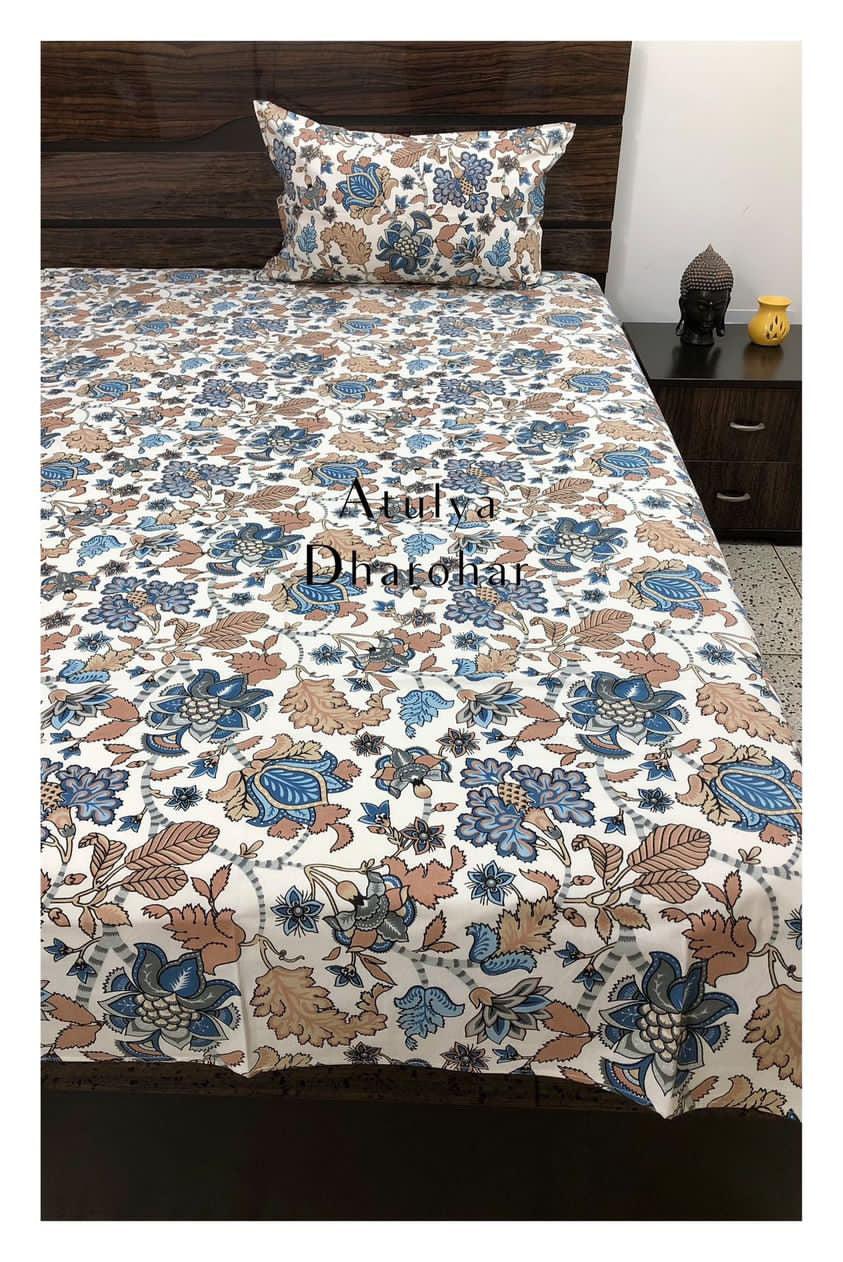 Blue and Brown Floral Jaal Bedsheet