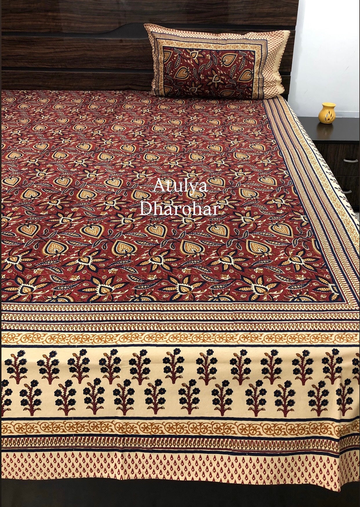 Maroon Kalamkari Cotton Super King Bedsheet