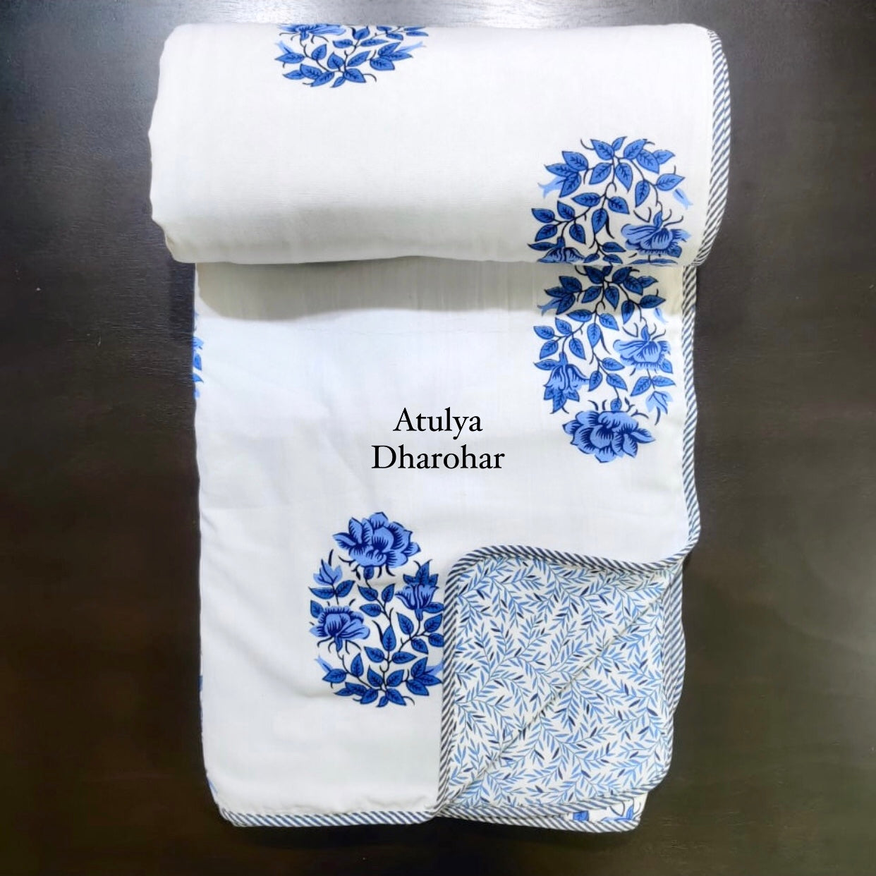 Blue Floral Cotton Double Bed Dohar