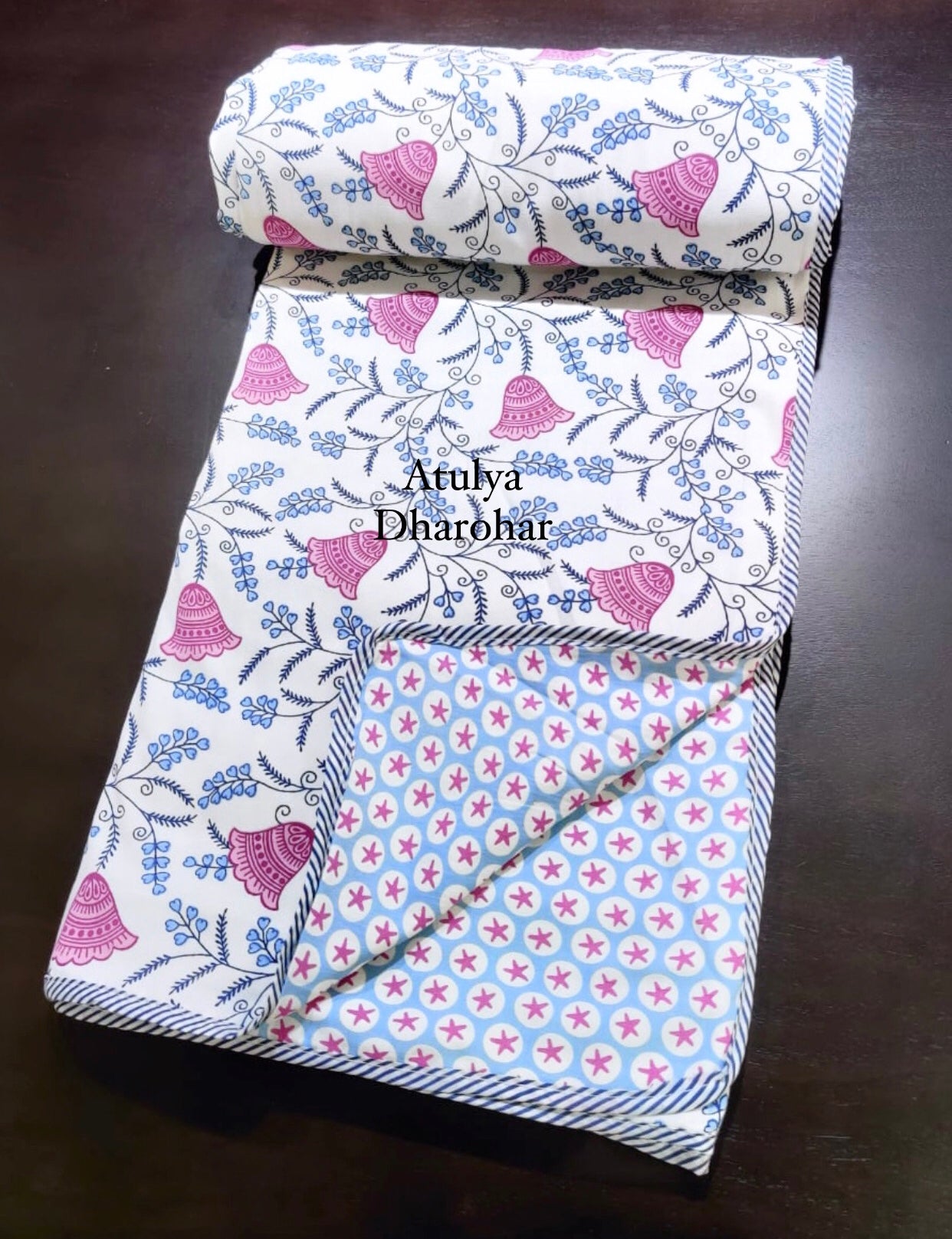 Pinkish Purple and Blue Floral Cotton Double Bed Dohar