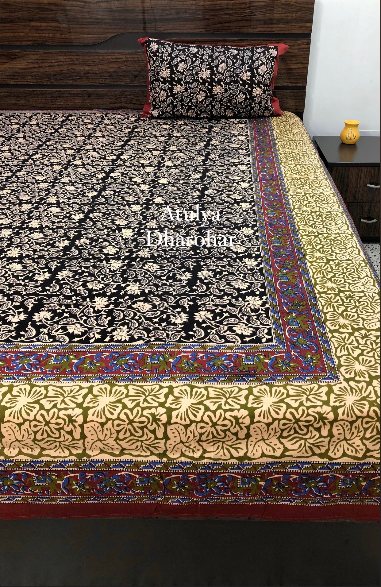 Black Kalamkari King Size Bedsheet