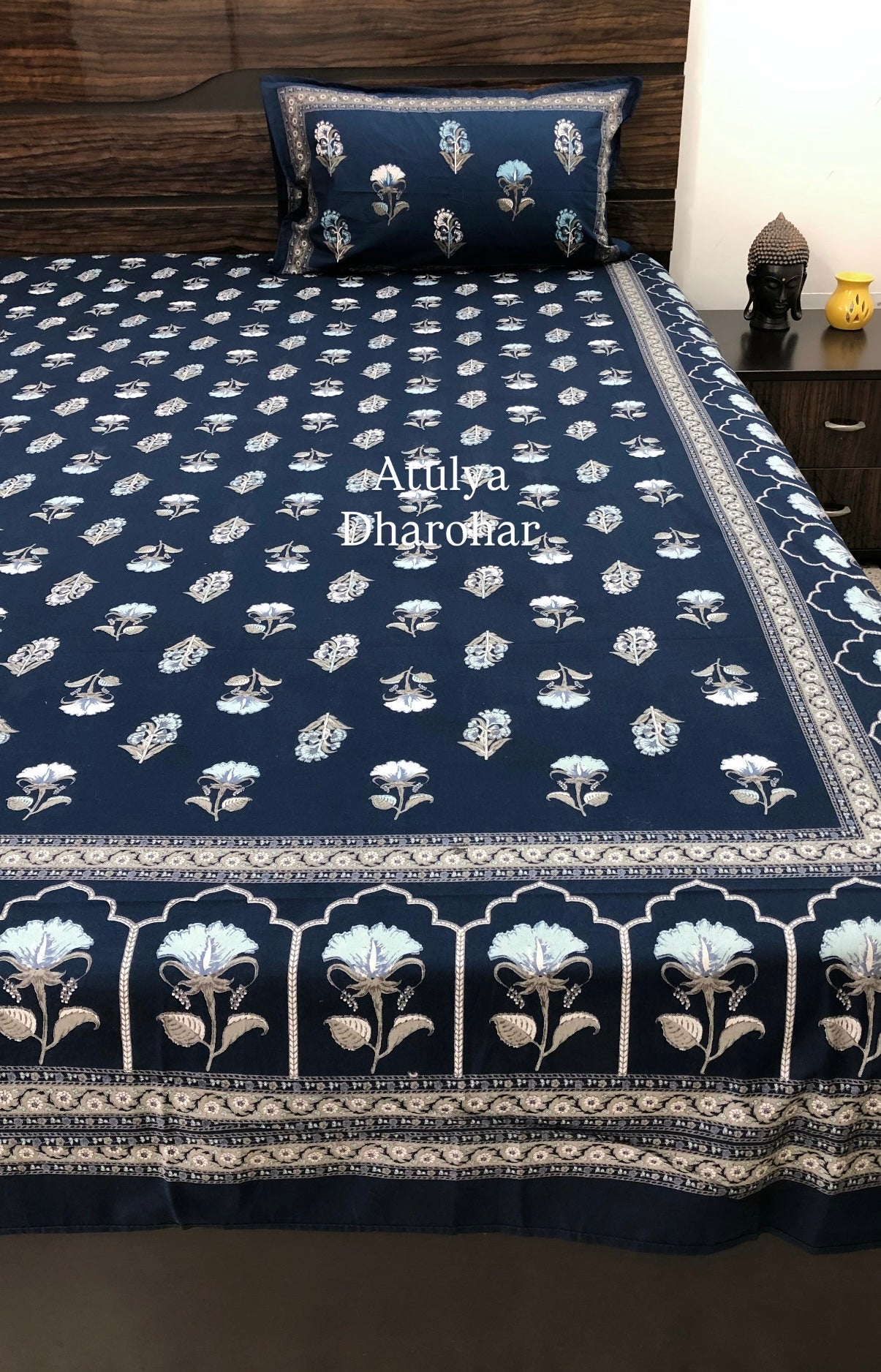 Blue Floral Motifs Cotton Super King Bedsheet