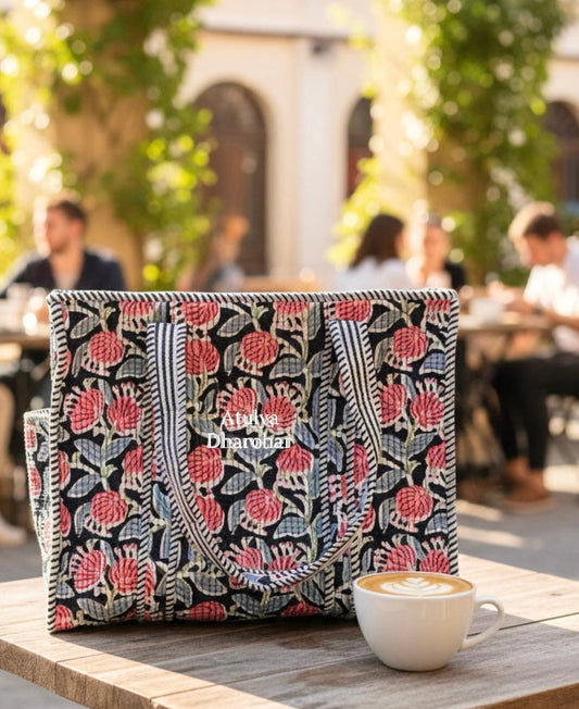 Black Floral Medium Tote Bag with Zip