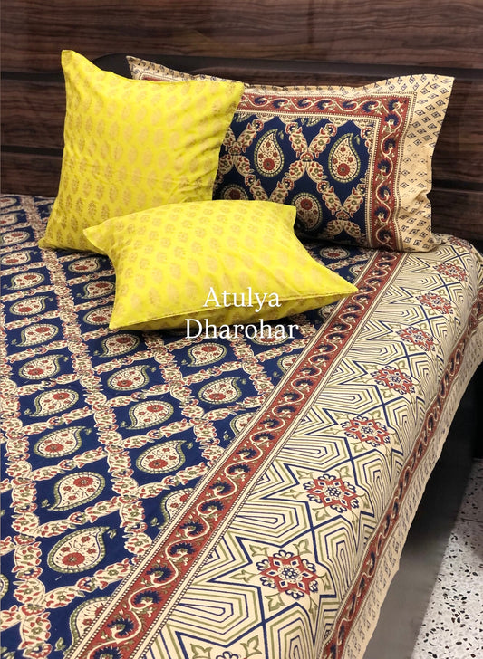 Indigo and Maroon Cotton Kalamkari Super King Bedsheet
