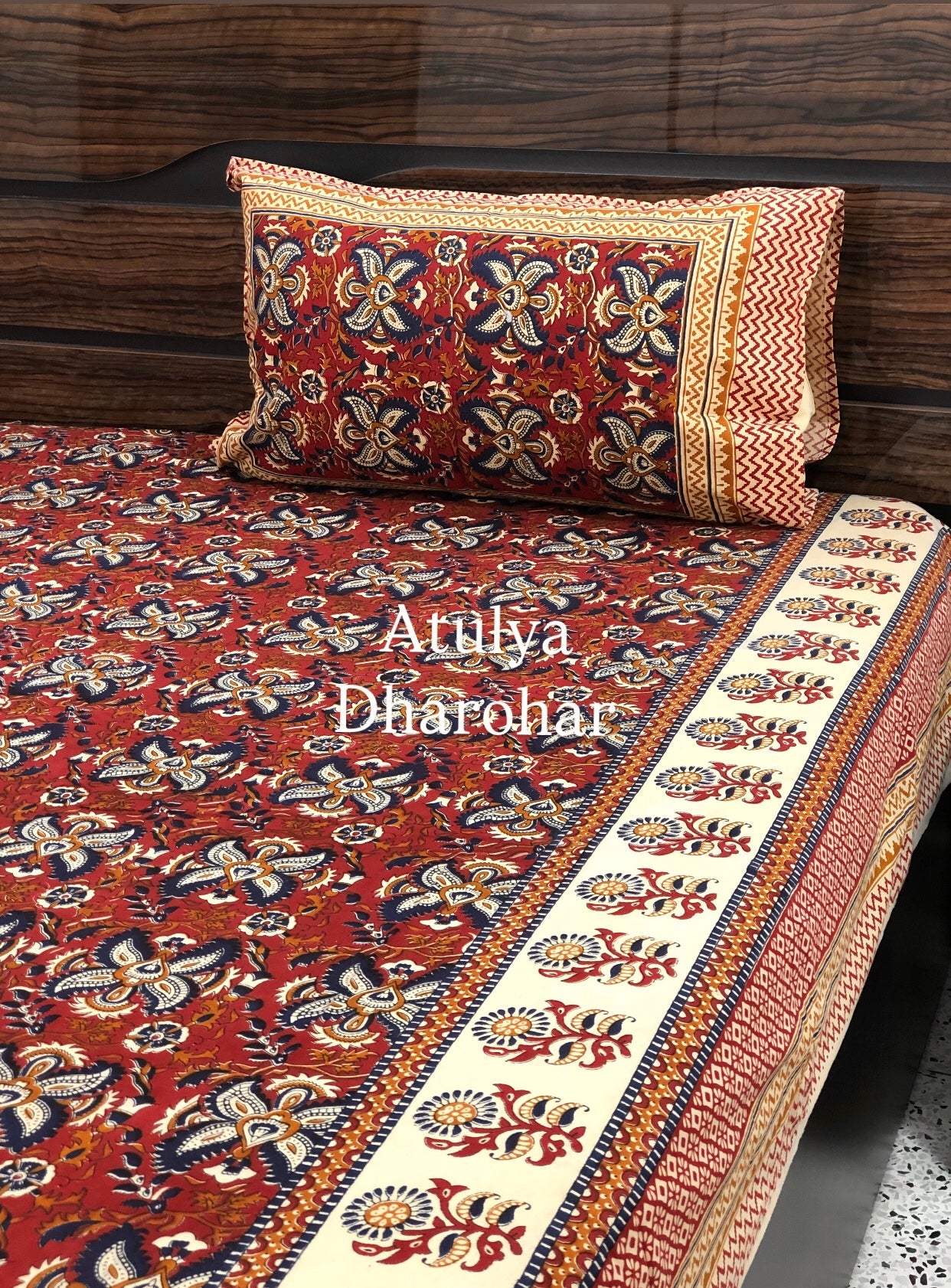 Red and Blue Kalamkari Cotton Super King Bedsheet