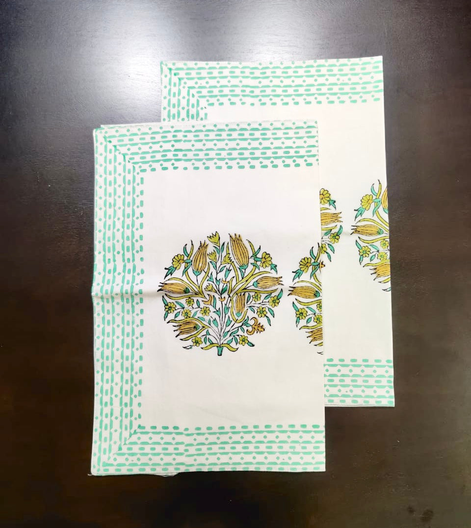 Turquoise and Yellow Floral Percale Cotton Hand Block Printed Pillow Covers