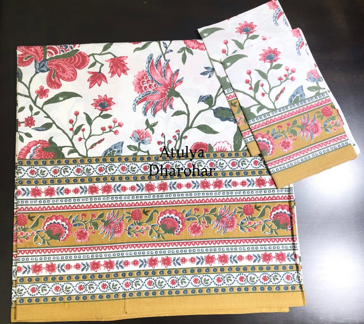 Red and Mustard Floral Jaal Cotton Super King Bedsheet