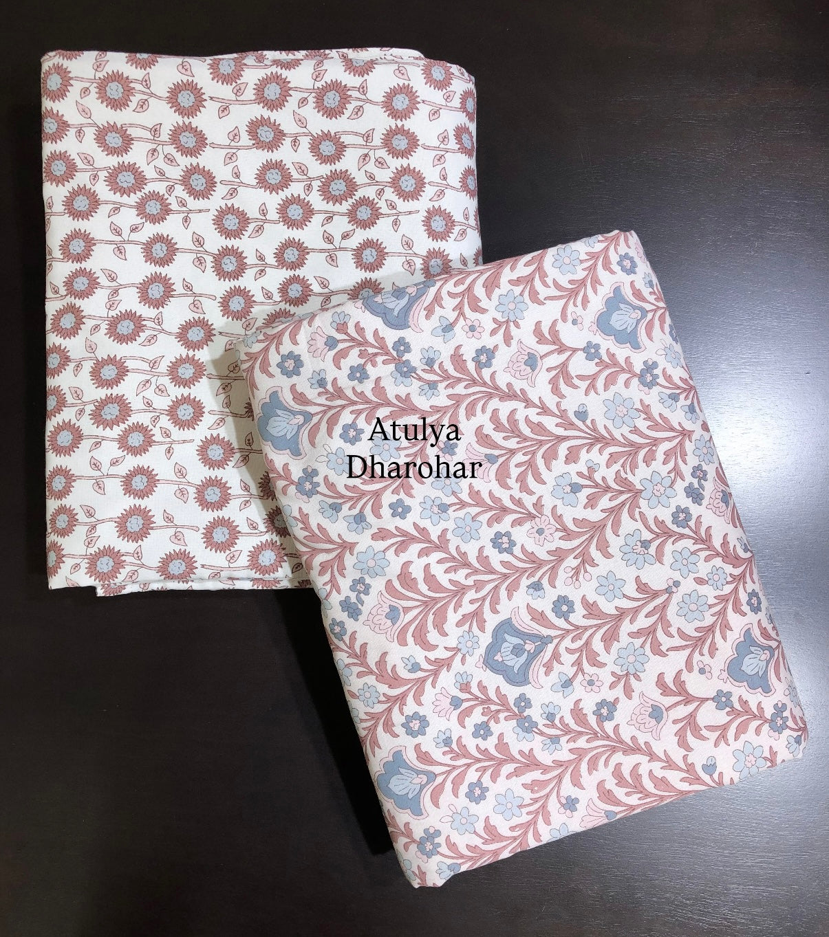 Rust and Blue Floral Jaal Cambric Cotton Single Dohar Pair