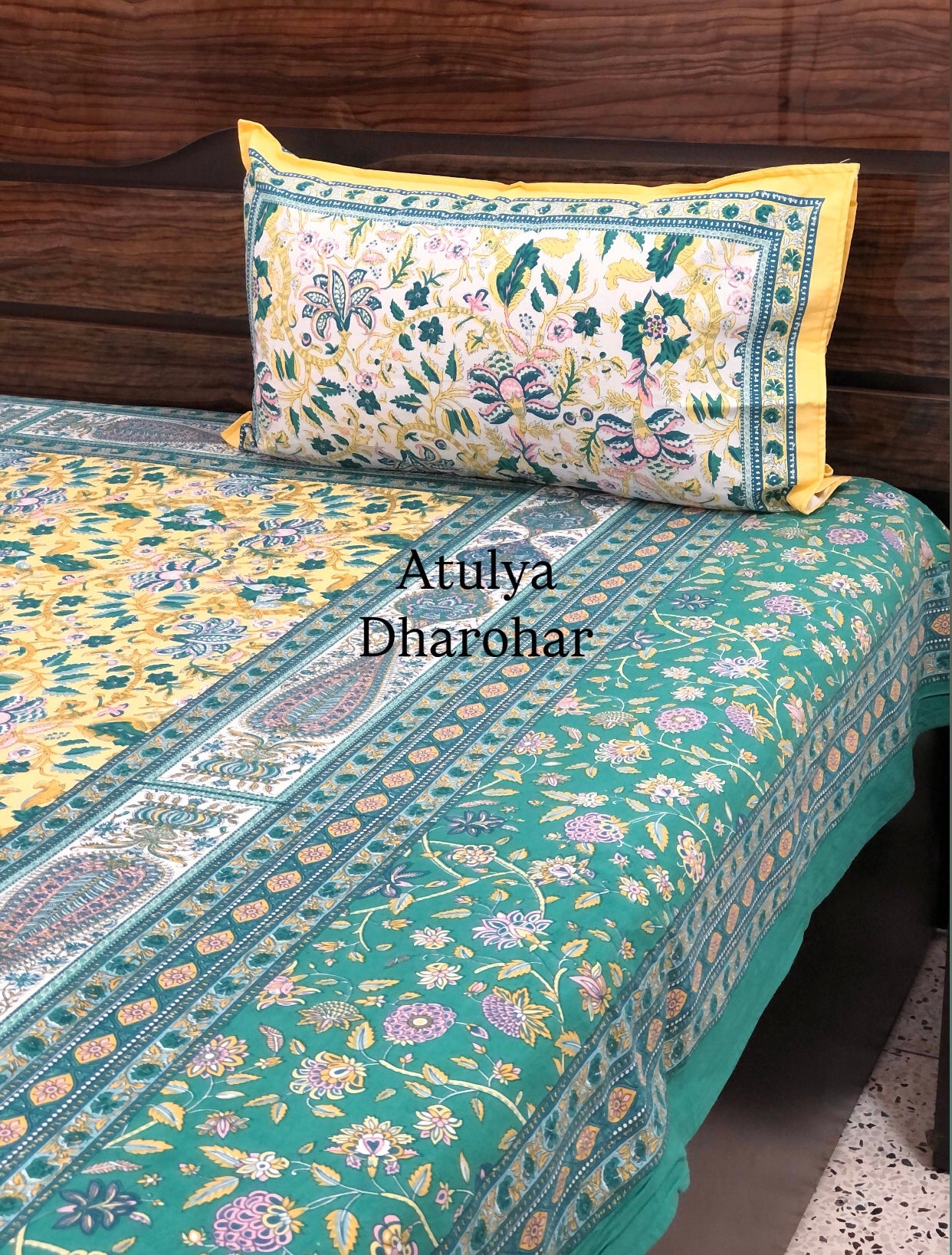 Yellow & Green Floral Jaal Cotton Super King Bedsheet