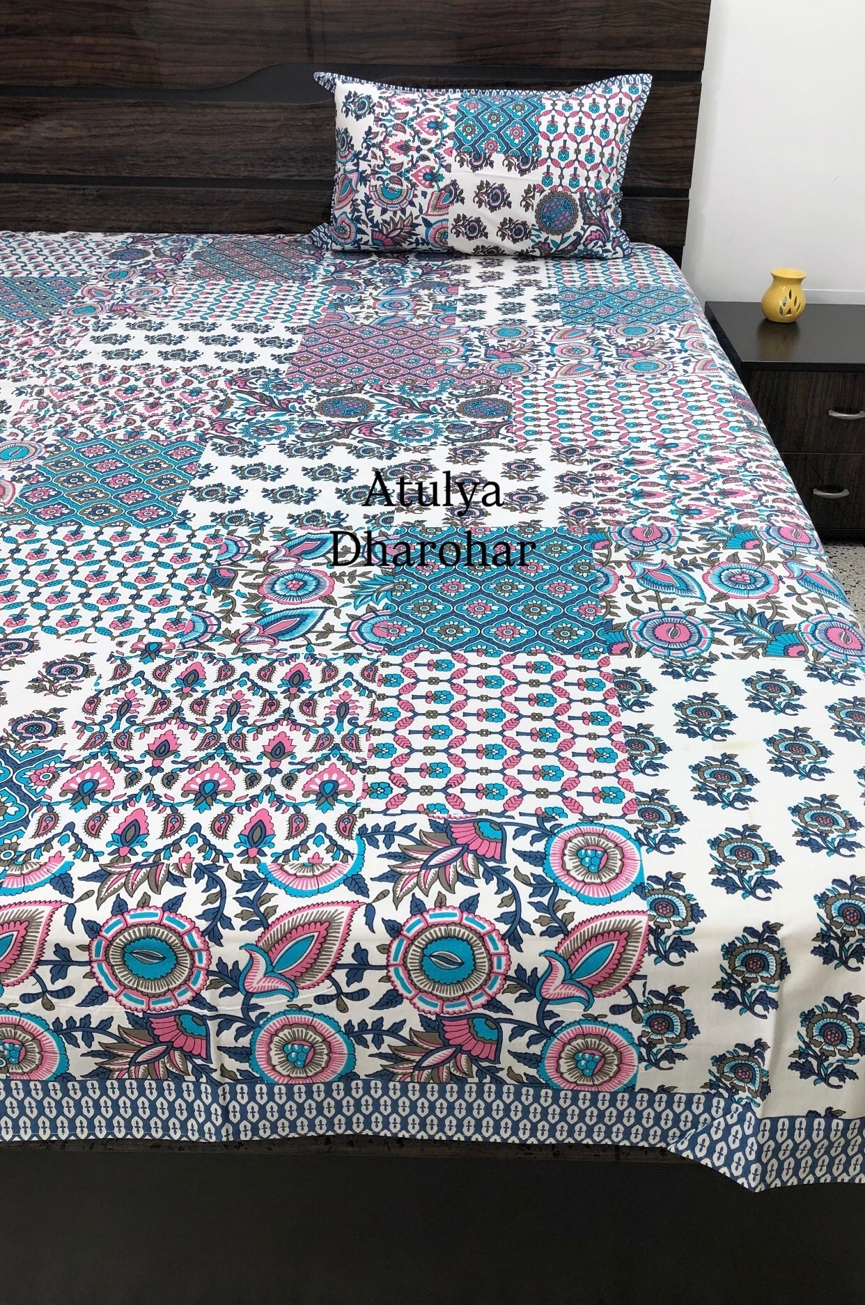 Blue Patchwork Look Cotton Super King Bedsheet