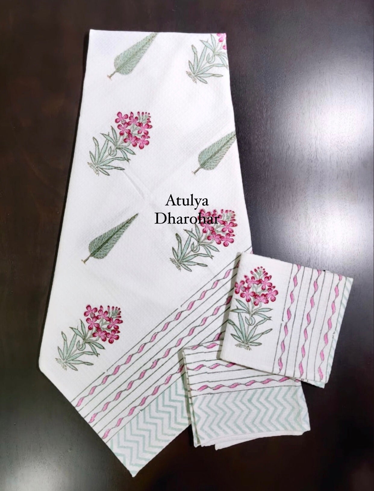 Pink and Green Floral Motifs Hand Block Waffle Cotton Towel Set