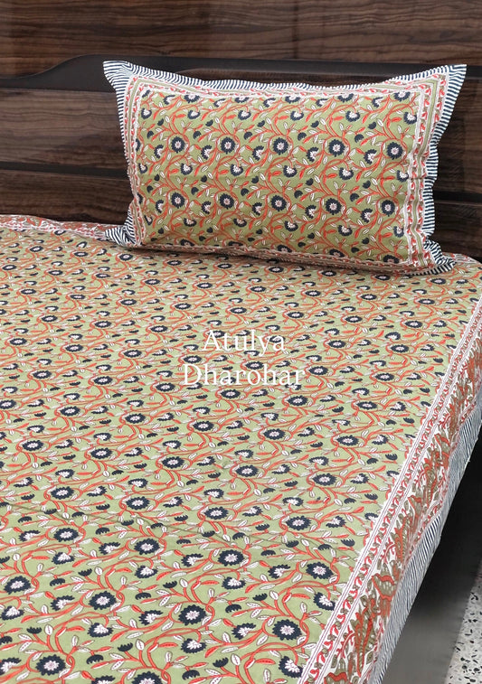 Green Floral Jaal Cotton Single Bedsheet