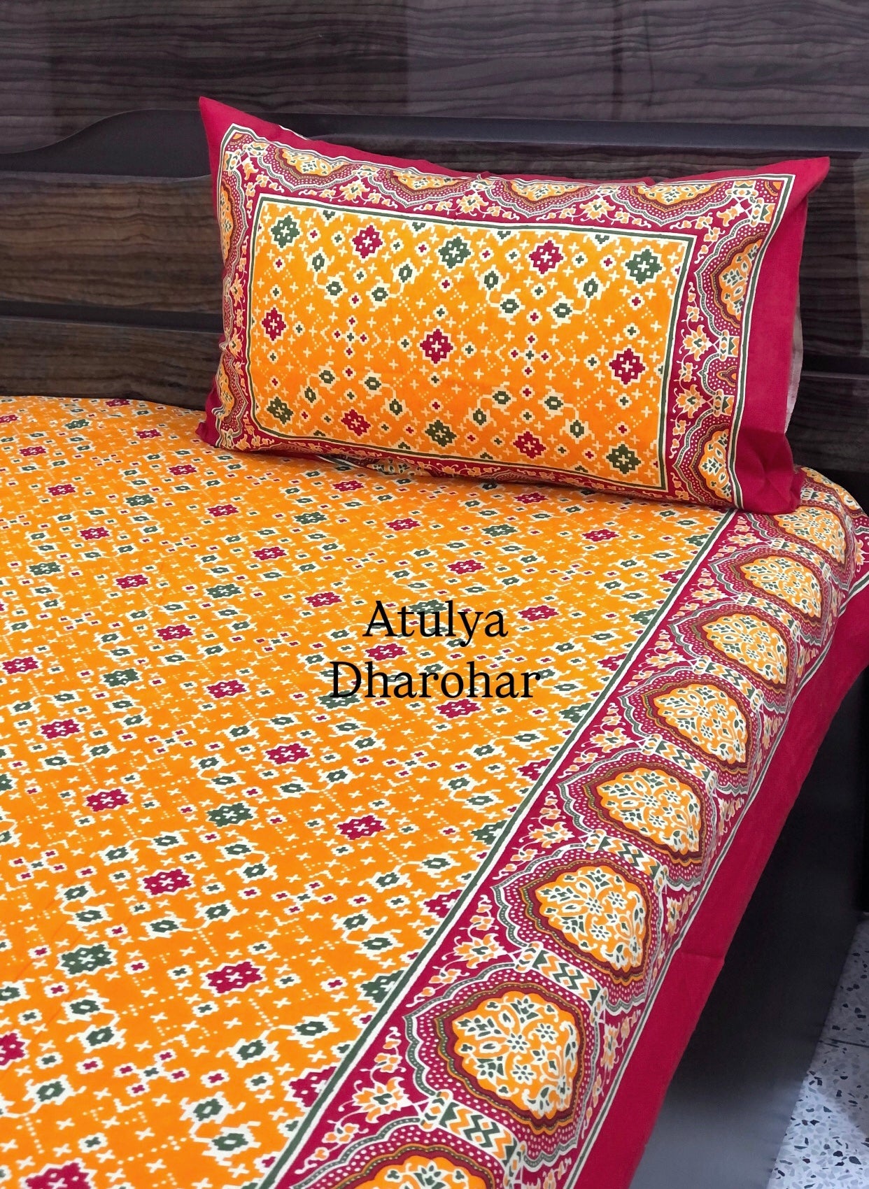 Yellow Bandhej Cotton King Size Bedsheet