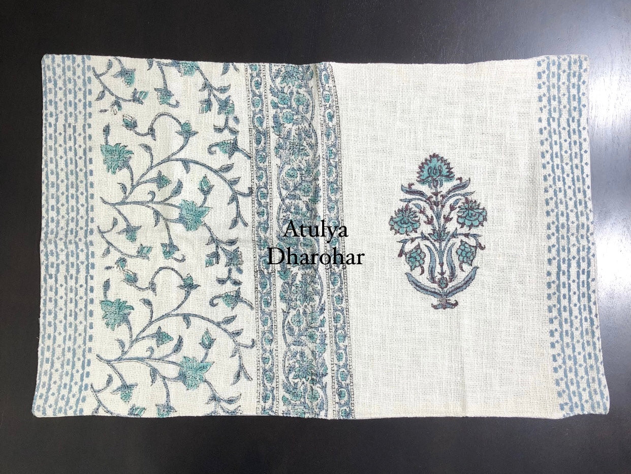 Turquoise Blue Mughal Butta with Floral Jaal Hand Block Printed Jute Cotton Bedcover