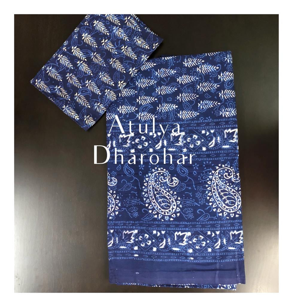 Indigo Pine Tree with Paisley Motifs Hand Block Printed Super King Bedsheet