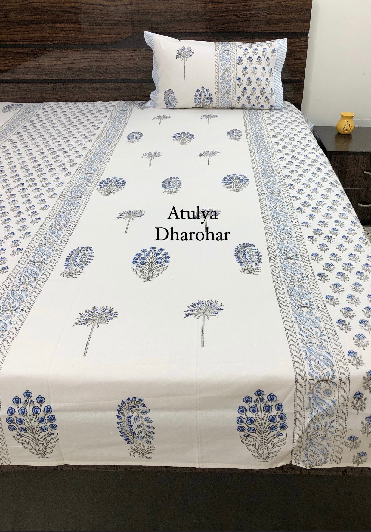 Blue Floral Motifs Hand Block Printed Super King Bedsheet