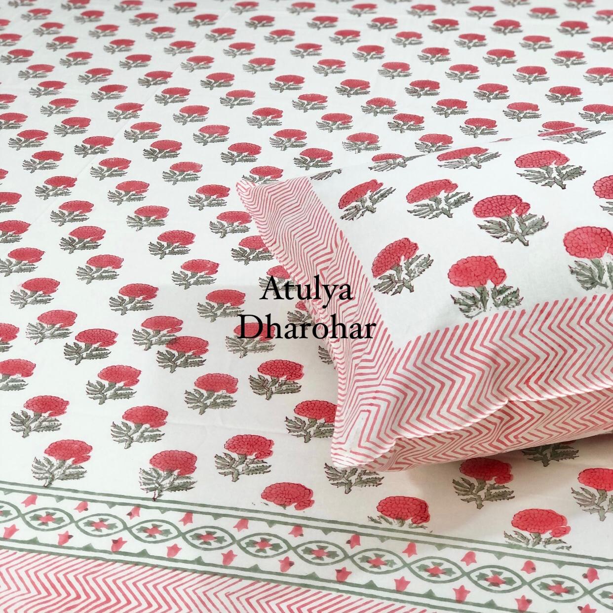 Red Floral Motifs Hand Block Printed Single Bedsheet