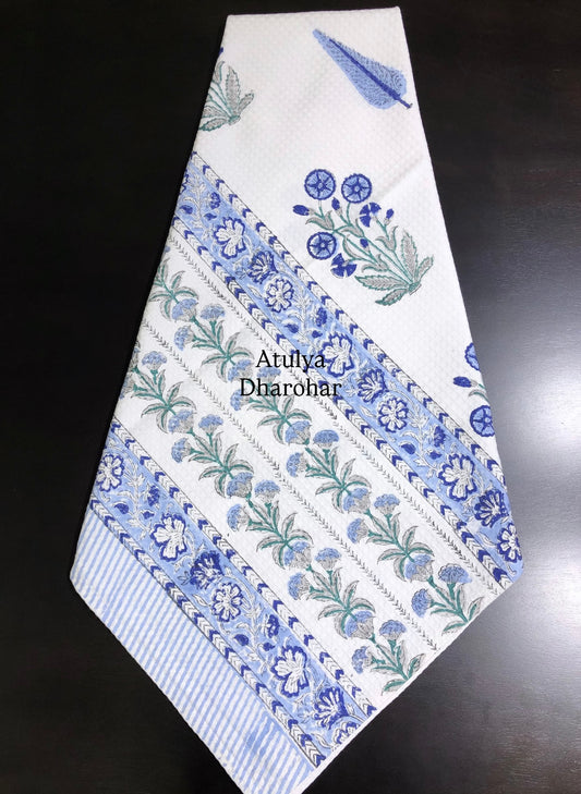 Blue and Green Floral Motifs Hand Block Printed Waffle Cotton Towel