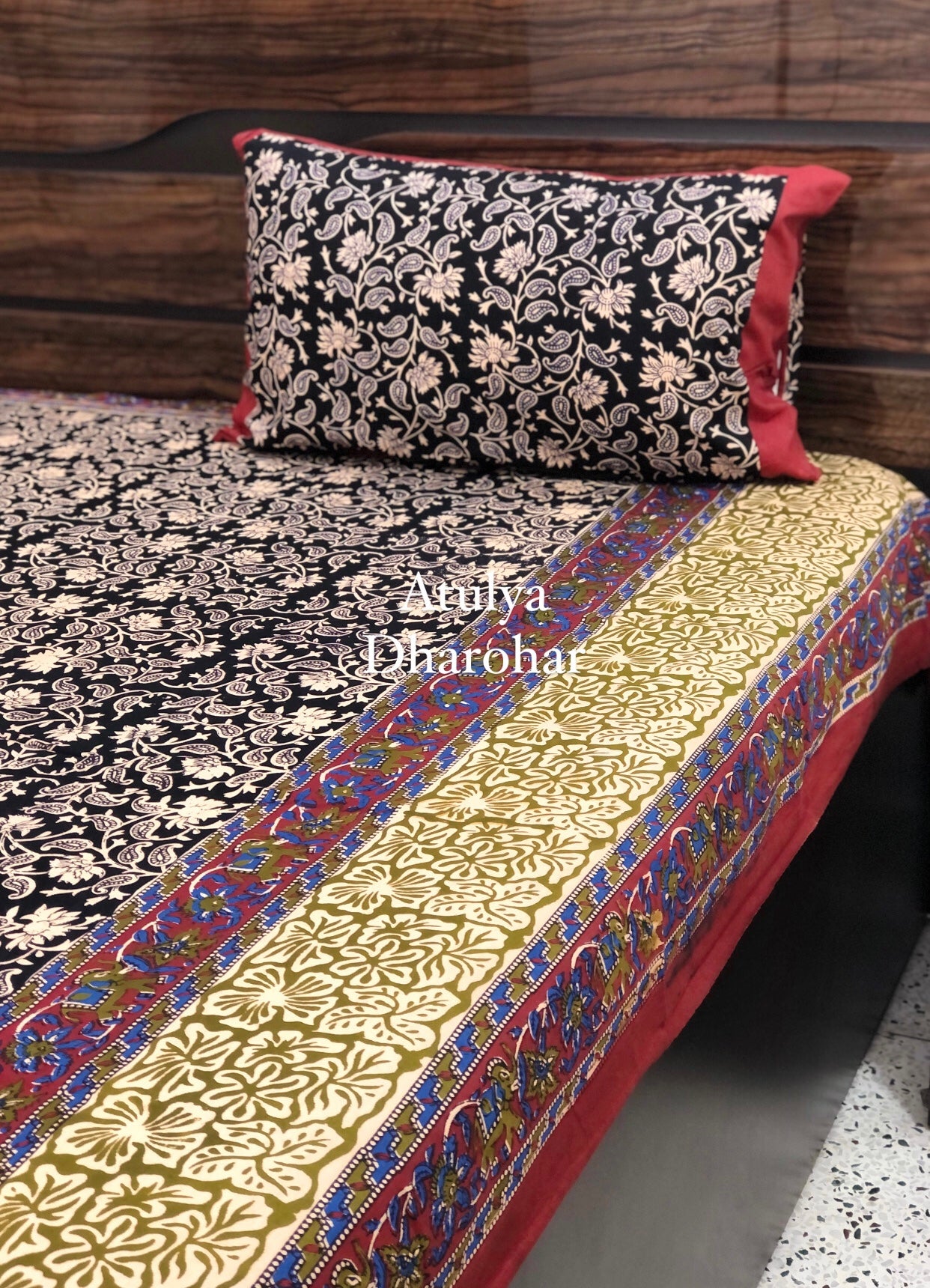 Black Kalamkari King Size Bedsheet