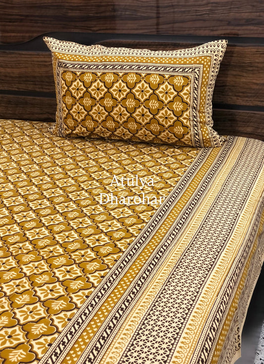 Mustard Green Kalamkari King Size Bedsheet