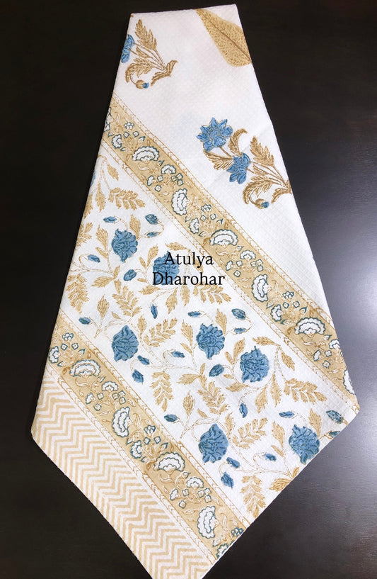 Blue and Brown Floral Motifs Hand Block Printed Waffle Cotton Towel