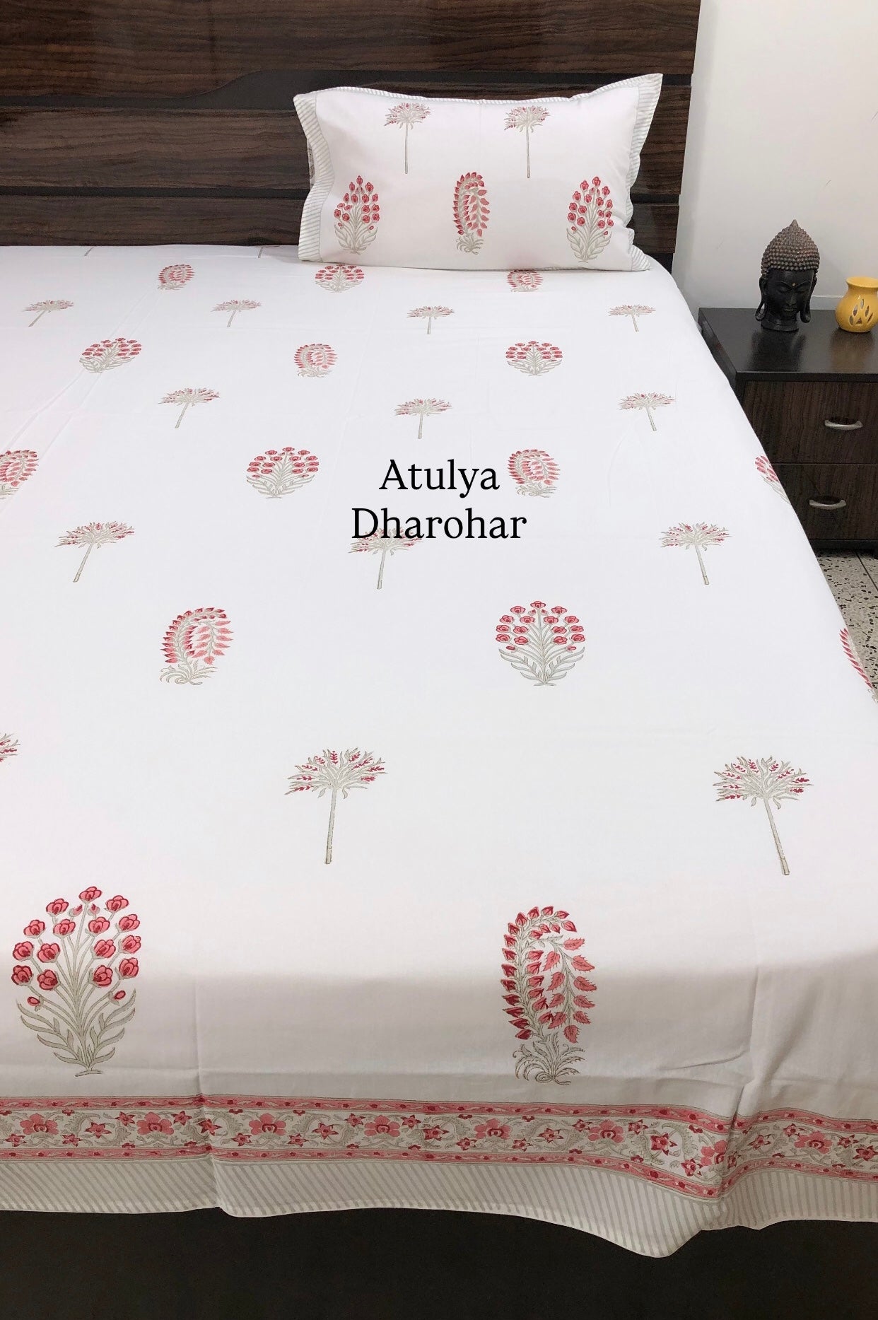 Peach Floral Motifs Hand Block Printed Super King Bedsheet