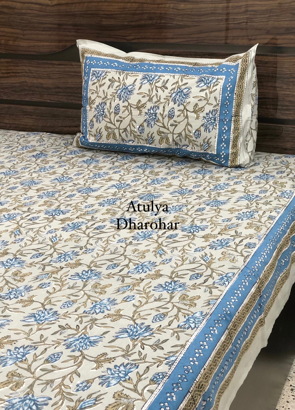 Blue and Grey Floral Jaal Bedsheet