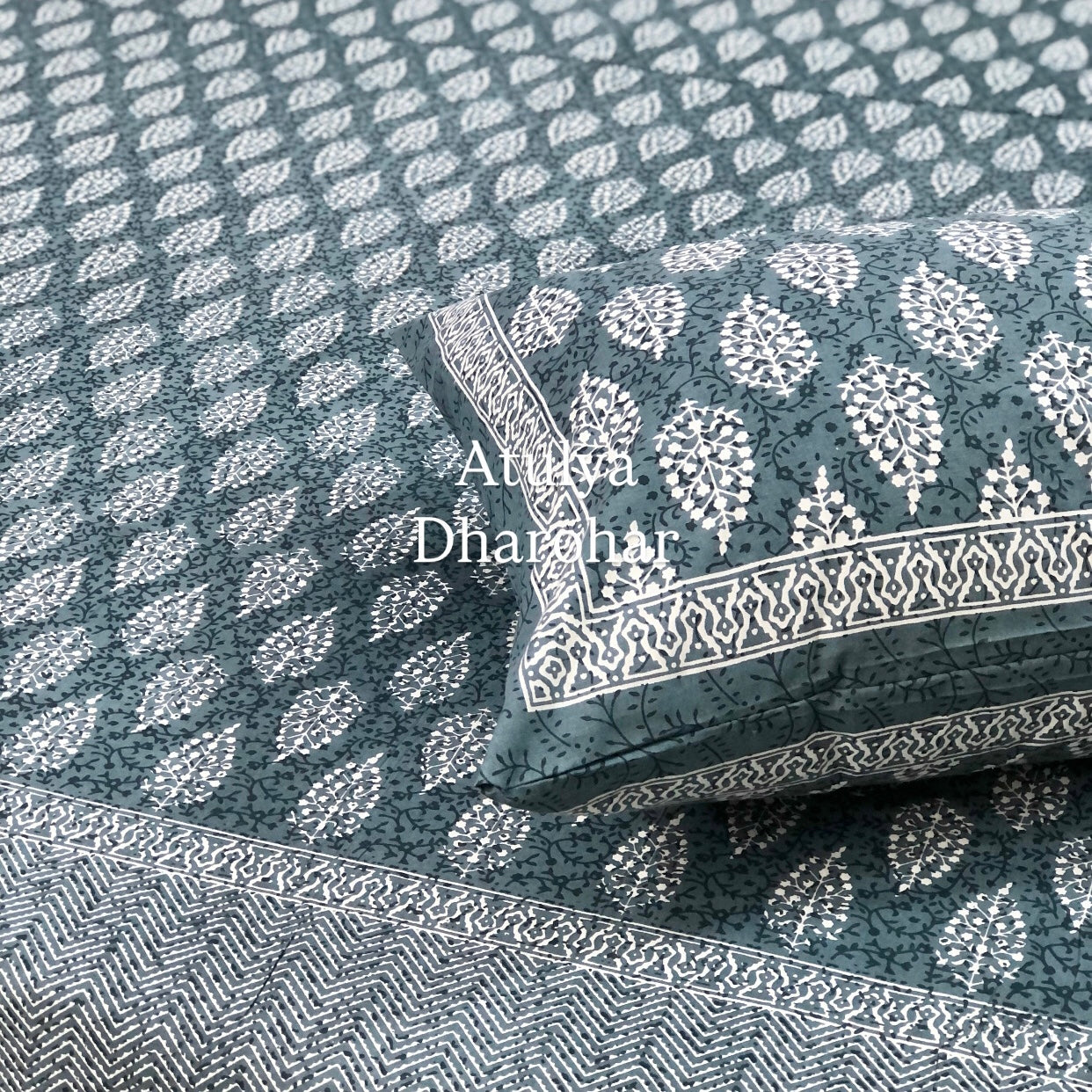 Bluish Grey Butti Cotton King Size Bedsheet