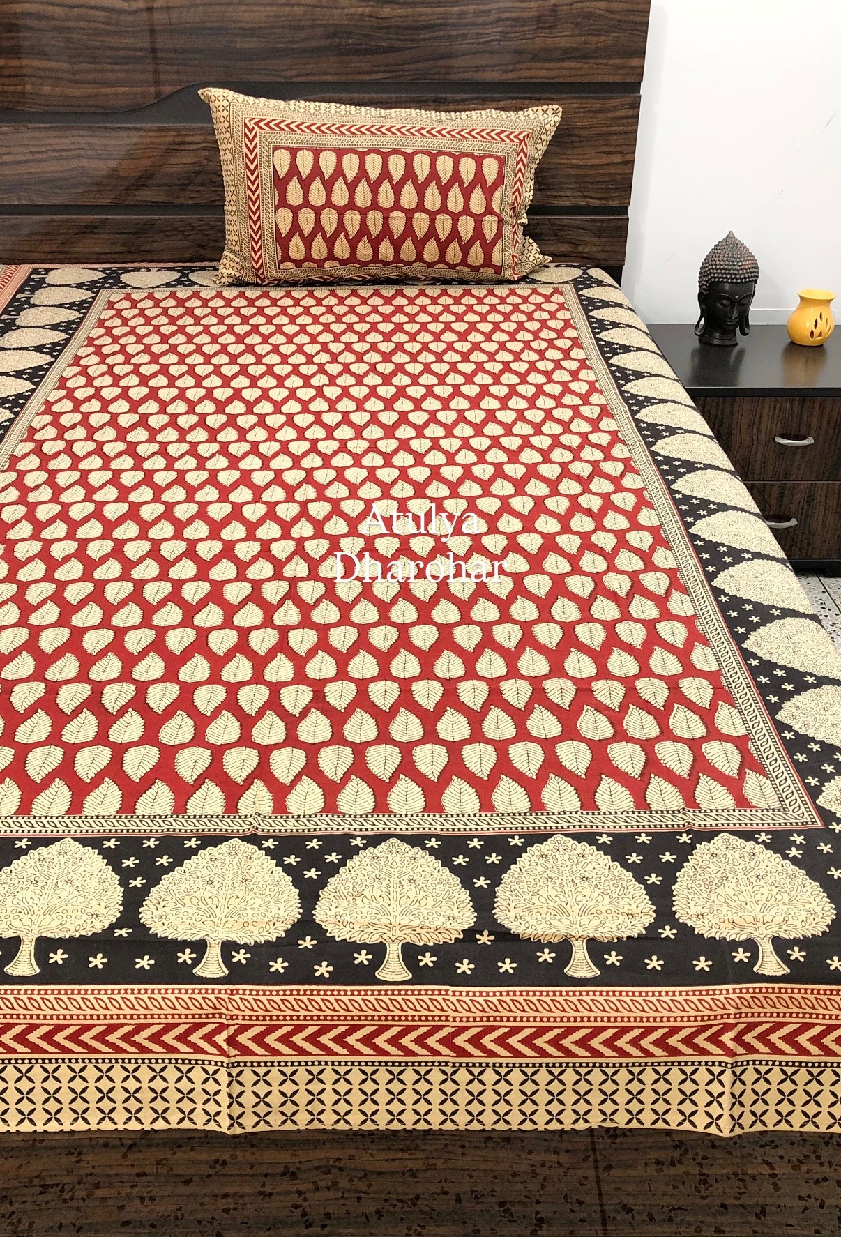 Maroon and Black Kalamkari Single Bedsheet