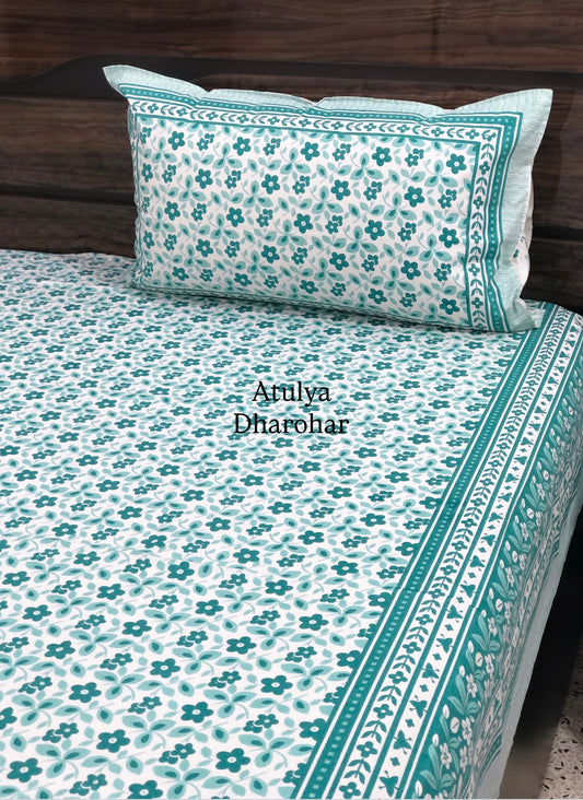 Turquoise Floral Jaal Cotton King Size Bedsheet