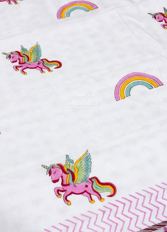 Unicorn and Rainbow Hand Block Printed Mulmul Baby Dohar