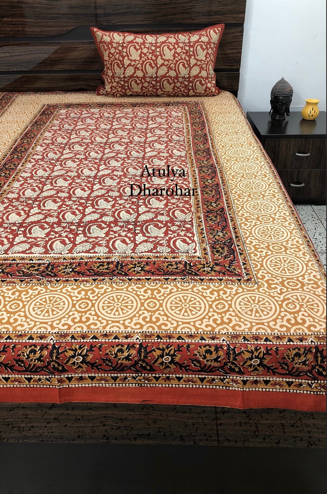 Maroon Kalamkari Hand Block Printed Single Bedsheet
